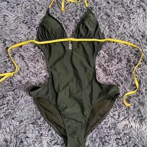 Old Navy Black and Yellow One Piece Swimsuit Sporty Design
